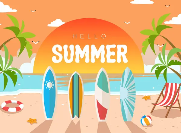 Иллюстрация Вектора Hello Summer Vibe Закат Пляже Досками Серфинга Красочным — стоковый вектор
