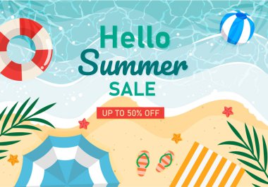 Merhaba Summer Sahil Manzaralı Pankart. Moda dokusu. Sezonluk meslek, hafta sonu, tatil logosu. Yaz Zamanı Duvar Kağıdı. Parlak Günün kutlu olsun. Modern vektör harfleri. Moda tarzı...