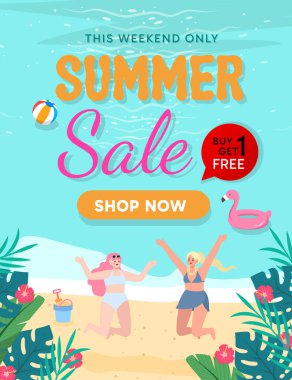 Yaz plajı, mavi okyanus suyu. Güneşli palmiyeler, tatil alışverişleri, hindistan cevizi ağaçları, deniz seyahati, deniz kıyısındaki kadın, tropik ada beldesi. Vektör illüstrasyon afişi şablonu.