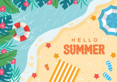 Yaz indirimi reklam afişi. Okyanus dalgalı güneşli sahil manzarası, şişme halka, yıldız balığı, şemsiye ve kumdaki tropikal yapraklar...