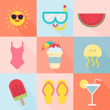 Yaz döngüsü. Summer vektör posterleri. Dondurma, plaj şemsiyesi, parmak arası terlik ve kokteyl. Soyut vektör arkaplan kalıpları. Posterler, kapak resimleri, afişler, afişler için mükemmel bir arka plan...