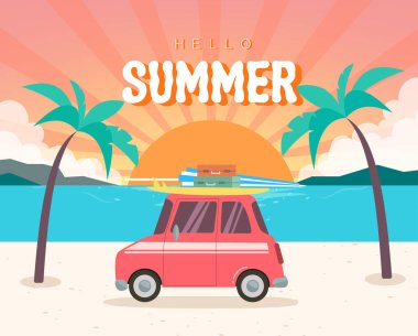 Yaz zamanı. Bavullarla kırmızı arabaya binme ve sahilde sörf yapma zamanı. Tropik, palmiyeler, deniz, okyanus. Vektör illüstrasyon retro çizgi filmi.