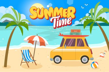 Yaz zamanı. Bavullarla kırmızı arabaya binme ve sahilde sörf yapma zamanı. Tropik, palmiyeler, deniz, okyanus. Vektör illüstrasyon retro çizgi filmi.