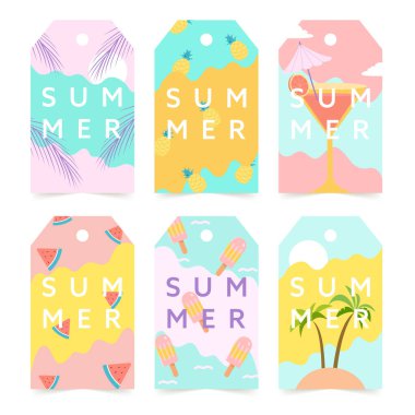 Yaz indirimi etiketleri, yaz indirimi ve hediye etiketleri, eğlenceli elementli etiketler, palmiye yapraklı koleksiyon, bitkiler, limon, ananas ve çok daha fazlası...