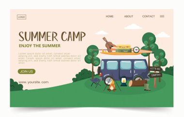 Kamp alanı, karavan, çadır, şenlik ateşi ve açık hava piknik ekipmanları, karavan, doğa, yolculuk konsepti. Poster, afiş, web sitesi için vektör illüstrasyonu..