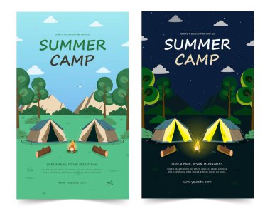 Gece gündüz kamp afişleri, şenlik ateşi, çadır dağ, orman ve kamp alanı olan vektör karikatür manzarası. Seyahat, yürüyüş ve etkinlik tatili için ekipman.