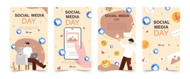 Dünya Sosyal Medya Günü seti. 30 Haziran. Tatil konsepti. Arkaplan, afiş, kart, yazılı poster şablonu. Vektör illüstrasyonu..