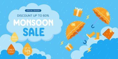 Muson İndirimi Posteri. Muson satışı afişi. İndirim, muson sezonu satışı için şirin şemsiye, şablon, Metin Uzay Arkaplanı. vektör illüstrasyonu.