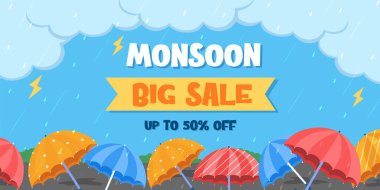 Renkli şemsiyeler muson mevsimi geçmişi, Muson Satış Posteri. Muson satışı afişi. İndirim, Teklif. Muson mevsimi geçmişi. Vektör illüstrasyonu..