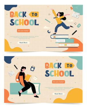 Heyecanlı öğrencilerin, kitapların ve okul malzemelerinin yer aldığı okul illüstrasyonuna canlı dönüş. Eğitim ve akademik temalar için ideal.