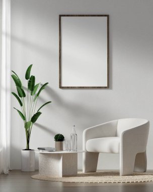 Parlak, minimalist oturma odasında boş bir çerçeve, rahat bir koltuk, kahve masası ve yeşil bir bitki içeren 3D bir iç mekan..