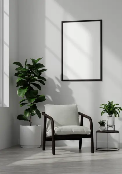 Boş bir çerçeve, rahat bir sandalye ve yeşil bitkiler içeren, modern ve minimalist tasarım temaları için mükemmel bir 3D iç mekan..