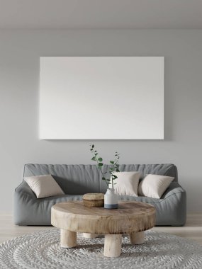 Kanepesi ve ahşap sehpası olan çağdaş bir yaşam alanının 3 boyutlu canlandırması, şık dekorlar sergileniyor..