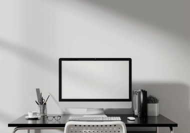 Profesyonel bir çalışma alanını temsil eden, bilgisayar ve aksesuarlı, üç boyutlu bir ofis masası..