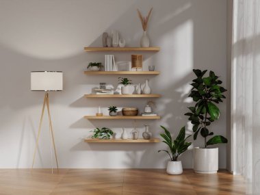 Yüzen rafları ve bitkileri olan modern bir oturma odasının 3 boyutlu canlandırması..