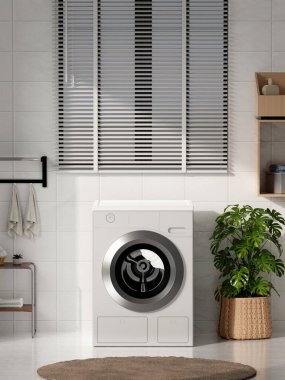 Yıkama makinesi ve yeşilliği olan, işlevsel tasarımı vurgulayan modern bir çamaşır odasının 3 boyutlu canlandırması..