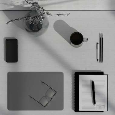 Not defteri ve kahveyle minimalist bir masanın üç boyutlu görüntüsü organize bir çalışma alanını gösteriyor..