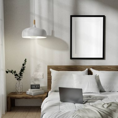 Diz üstü bilgisayarı ve duvar resmi olan rahat bir çalışma ortamı sunan 3 boyutlu bir yatak odası..