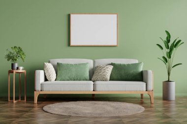 Kanepe ve duvar resimli yeşil bir oturma odasının 3 boyutlu görüntüsü. Yeni iç tasarımı ön plana çıkarıyor..