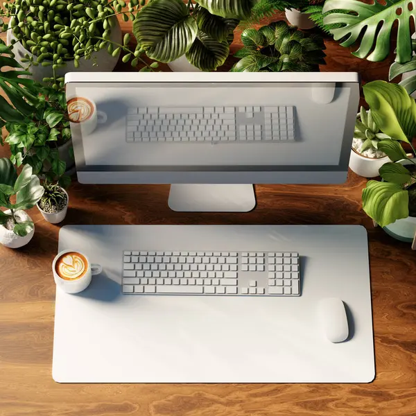 stock image A 3D rendering of a top view of a desk with a computer and plants, illustrating green office design.