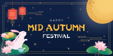 Bu kültürel ve şenlikli gece sahnesini çağrıştıran bir tavşan, fener, ay ve nilüfer çiçeğinin yer aldığı Sonbahar ortası Festivali 'ni kutlayan bir Vektör ilüstrasyonu.