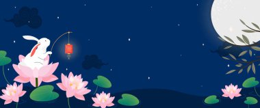 Yıldızlı bir gökyüzü ve dolunay altında, bir tavşanın nilüferde fener tuttuğu huzurlu bir sonbahar festivali gecesini tasvir eden bir Vektör çizimi