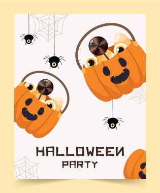 Cadılar Bayramı parti elementlerini içeren vektör illüstrasyonunda balkabağı şeker kovaları, örümcekler ve web süslemeleri, festival kutlamaları için mükemmeldir..