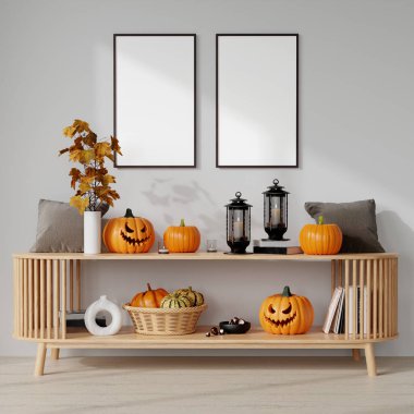 Modern minimalist bir oturma odasının 3 boyutlu resmi. Cadılar Bayramı için süslenmiş. Kabak, fener ve sonbahar yaprakları ahşap bir konsol masasında..