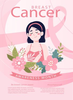 Göğüs kanseri kurdeleli, çiçek elementleri ve arka planda pembe bir kurdeleyle çevrili kendine güvenen bir kadının temsili..