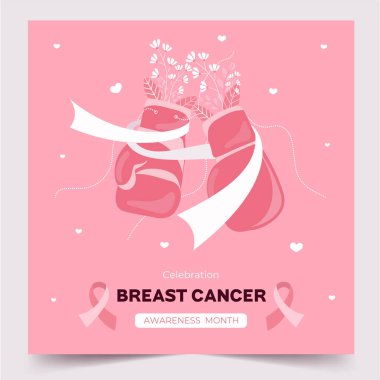 Göğüs kanseri farkındalığında dayanıklılığı ve dayanıklılığı sembolize eden, kurdeleyle sarılı kutlama boks eldivenlerinin vektör çizimi.