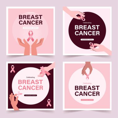 Çeşitli şekillerde pembe kurdeleleri sunan vektör illüstrasyonu, meme kanseri farkındalığı ayının kutlanmasını vurguluyor.