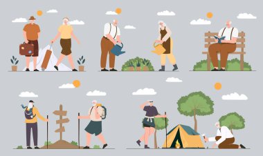 Bahçe işleri, kamp ve yürüyüş gibi doğa aktivitelerine katılan, aktif ve doyurucu bir yaşam tarzını somutlaştıran bir Vektör çizimi.
