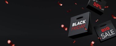 Modern perakende ve tanıtım eğilimlerini vurgulayan, neşeli konfetilerle tamamlanmış, cesur satış duyurularıyla Kara Cuma alışveriş torbalarının yer aldığı 3 boyutlu bir sunum