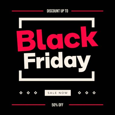 Siyah arkaplanda kırmızı ve beyaz aksanlı cesur tipografi ve tanıtım metinlerinin yer aldığı bir Kara Cuma satış ilanının vektör çizimi.