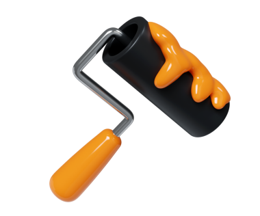 Canlı turuncu boyalı minimalist bir siyah boya silindirinin üç boyutlu çizimi modern tasarım eğilimlerini canlı renkler ve parlak estetiklerle vurguluyor..