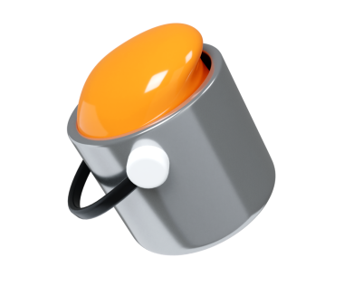 Çağdaş endüstriyel tasarım ve canlı renk eğilimlerini vurgulayarak koyu turuncu boya ile kaplanmış üç boyutlu bir gümüş boya kutusu..