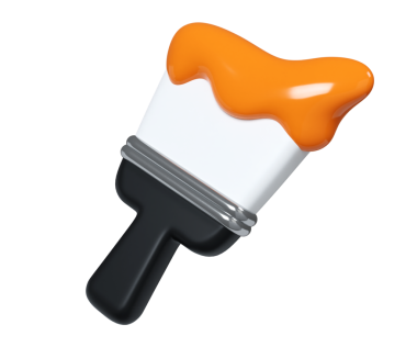 Kalın turuncu boyalı bir fırça, modern yaratıcı tasarım ve sanat aletlerindeki canlı renk eğilimlerini gözler önüne seren üç boyutlu bir tasarım.