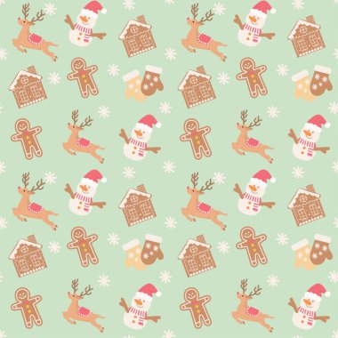 Noel Baba, ren geyiği, zencefilli kurabiye evleri ve yeşil arka planda eldivenler gibi Noel temalı simgelerle kusursuz bir desen gösteren bir Vektör çizimi.