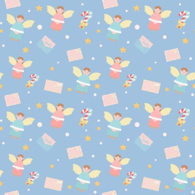Meleklerin, Noel mektuplarının, baston şekerlerin ve açık mavi arka planda yıldızların yer aldığı tuhaf bir şablonun vektör çizimi, neşeli bir atmosferi yakalıyor..