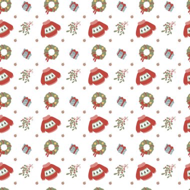 Beyaz arka planda Noel Baba şapkası, çan ve yeşillik aksanlı minimalist bir Noel deseni sunan bir Vektör çizimi basit bir şenlik tasarımı sunuyor..
