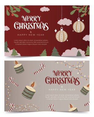 Bayram süsleri, mumlar, baston şekerler ve şenlik arkaplanlarında dekoratif unsurların yer aldığı Noel tebrik kartlarının vektör çizimleri.