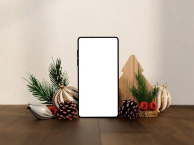 Smartphone mockup surrounded by pinecones, festive season ornaments and wooden Christmas decorations, suitable for holiday-themed designs. clipart