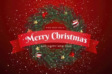 Klasik bir bayram selamlaması için kırmızı kurdele, çam dalları ve şenlikli süslemelerle süslenmiş bir Noel çelenginin vektör çizimi.