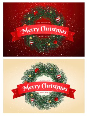 Klasik bir bayram selamlaması için kırmızı kurdele, çam dalları ve şenlikli süslemelerle süslenmiş bir Noel çelenginin vektör çizimi.