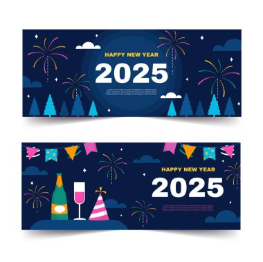 Elegant New Year 2025 card design set against a dark backdrop with fireworks and stylized text in this vector illustration. clipart