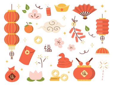 Mutlu Çin yeni yıl illüstrasyonları bayram unsurlarını kutluyor kültürel çevre rengarenk bakış açısı