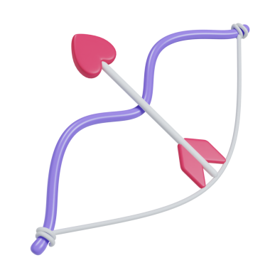 Kalp temalı bir yay ve okun canlı bir 3D çizimi, Sevgililer Günü ve aşkla ilgili projeler için ideal..