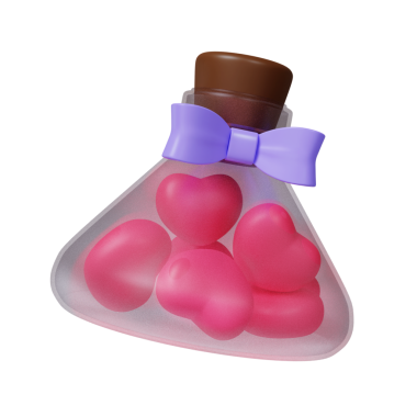 Kalp şeklinde, içinde küçük kalp şekerlemeleri olan, romantik temalar ve büyülü tasarımlar için mükemmel bir şişenin üç boyutlu bir çizimi..