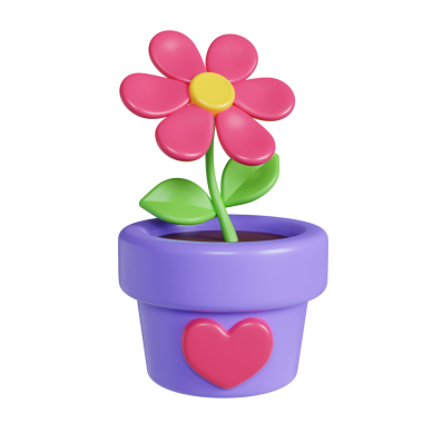Renkli bir saksının içindeki çiçeğin büyüleyici üç boyutlu bir çizimi, kalp tasarımı, bahar ve bahçe temaları için mükemmel..