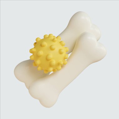 Şekillendirilmiş kemiklere yerleştirilmiş sarı bir virüs tasvir eden, kanser farkındalığı ve sağlık konularına odaklı eğitim materyalleri için ideal bir 3D canlandırma.